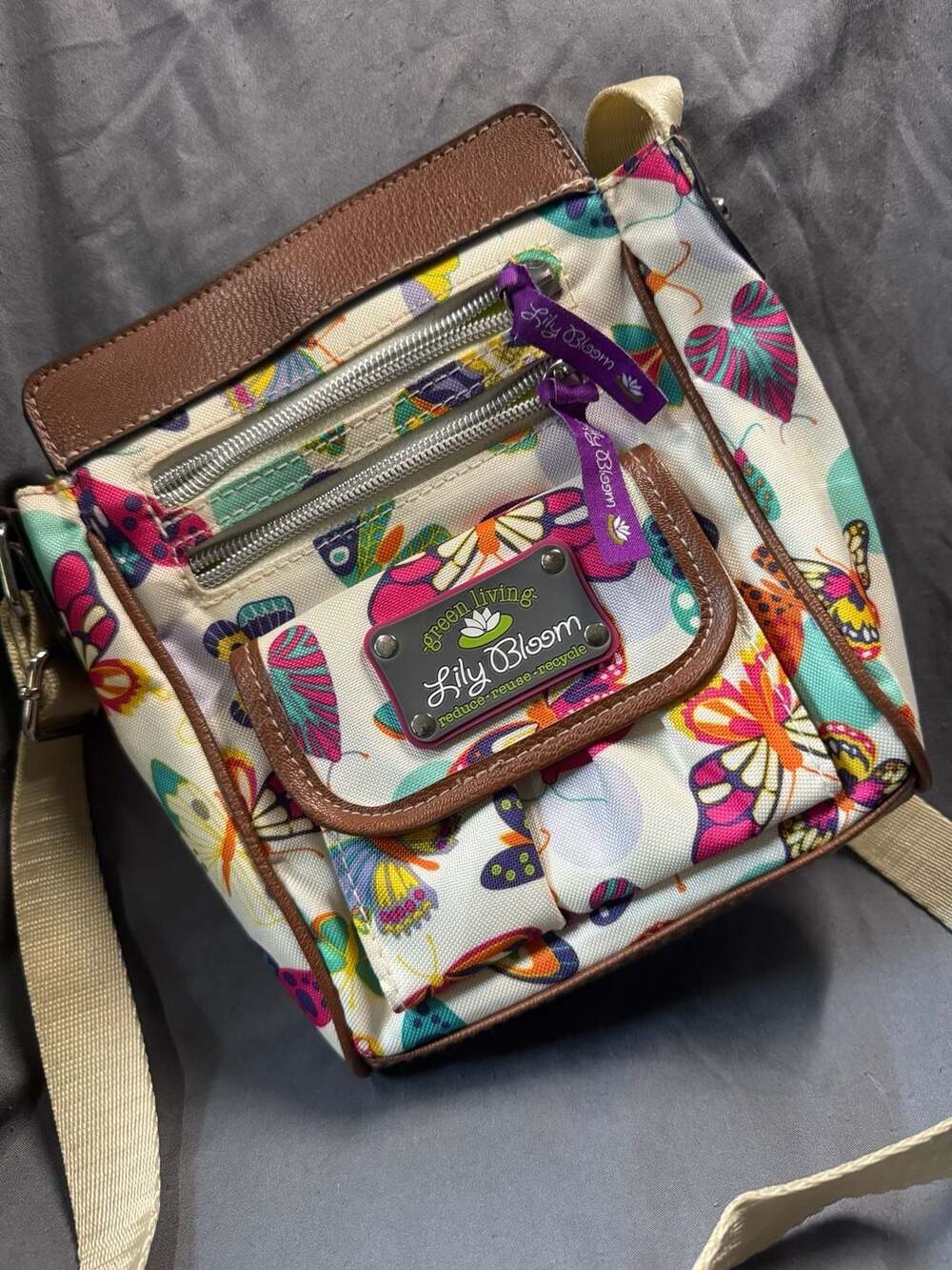 Lily Bloom Butterfly Pattern Crossbody Bag with Brown Trim